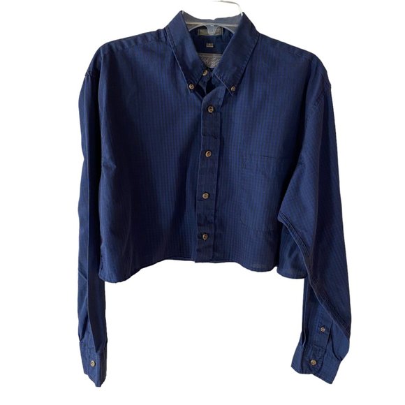 Cropped Lord & Taylor Button Up Shirt Mens Large Blue Check Upcycled Tailored - Picture 1 of 5